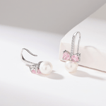 Pink Bow & Pearl Drop Earrings – 925 Sterling Silver with Heart CZ Accents - NAFALUXE
