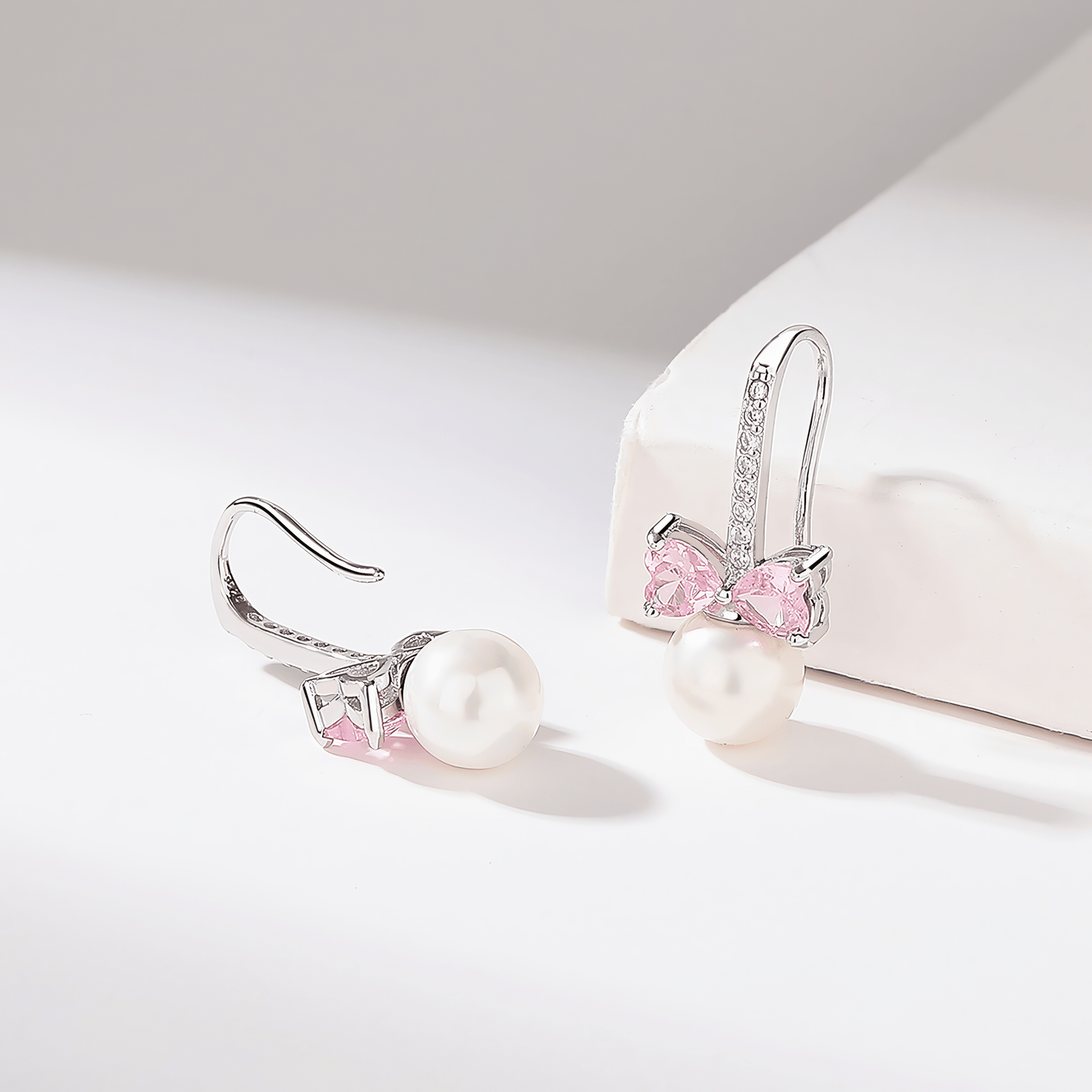 Pink Bow & Pearl Drop Earrings – 925 Sterling Silver with Heart CZ Accents - NAFALUXE