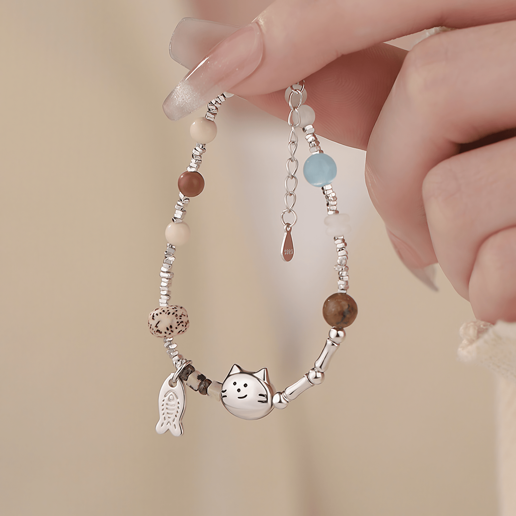 Playful Cat Charm Bracelet with Natural Stone Beads - NAFALUXE