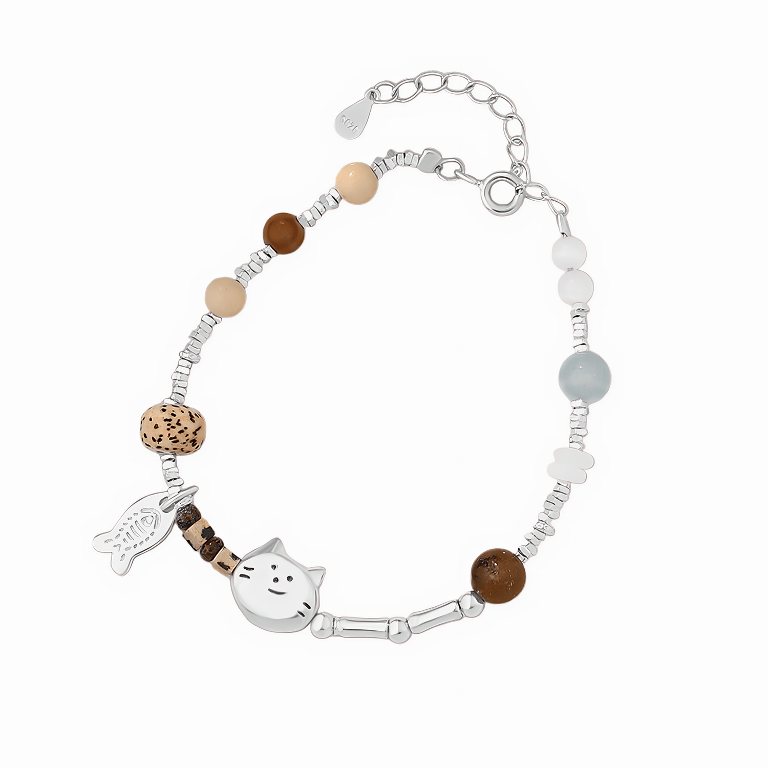 Playful Cat Charm Bracelet with Natural Stone Beads - NAFALUXE