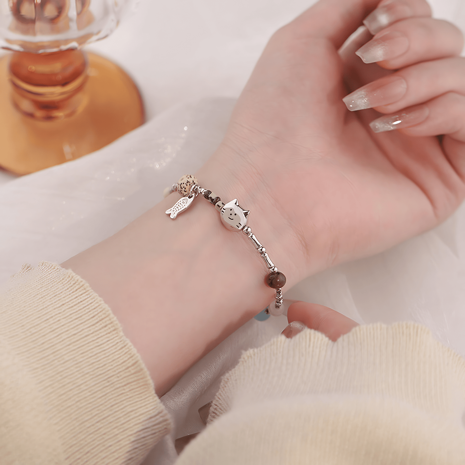 Playful Cat Charm Bracelet with Natural Stone Beads - NAFALUXE