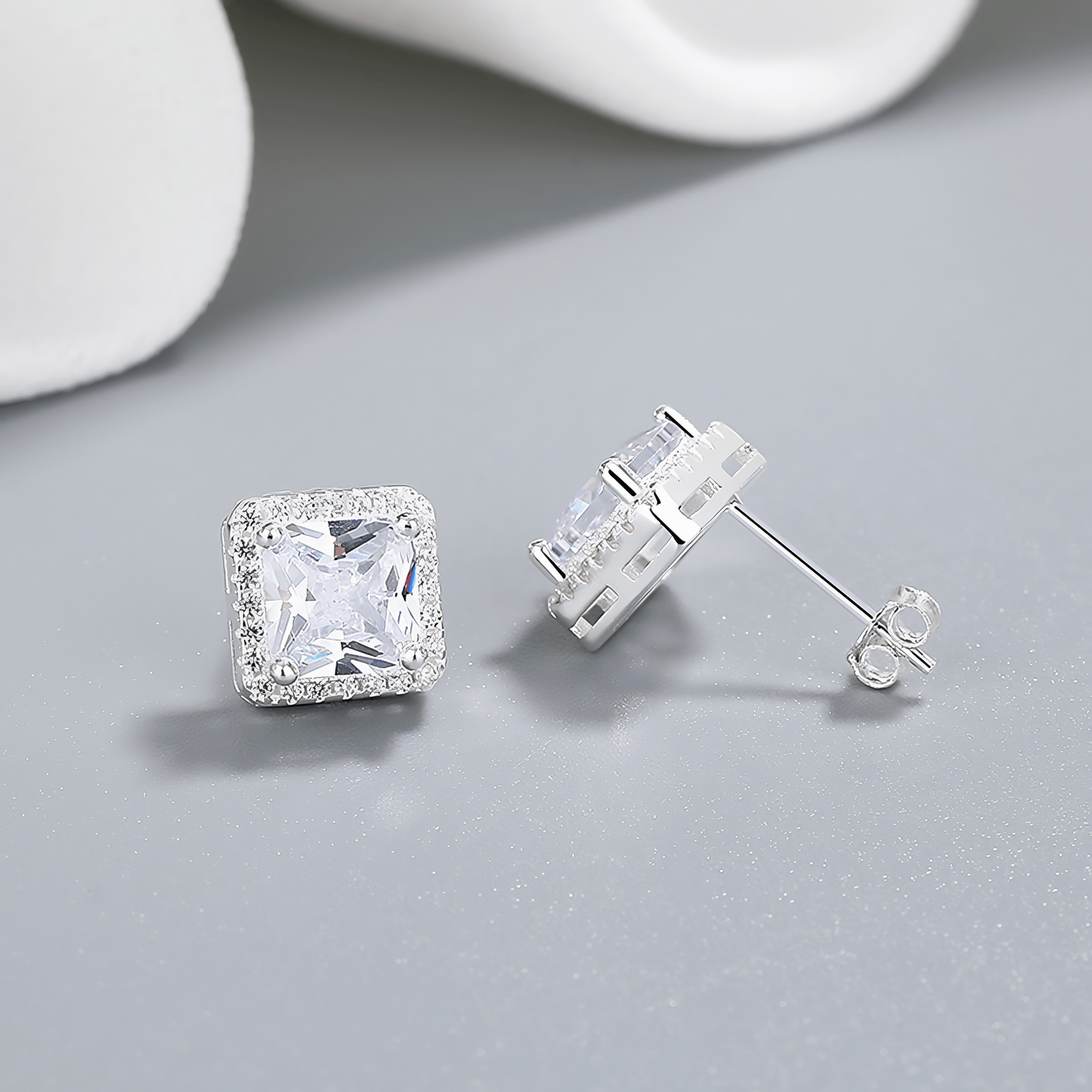 Princess Cut Halo Stud Earrings – 925 Silver - NAFALUXE