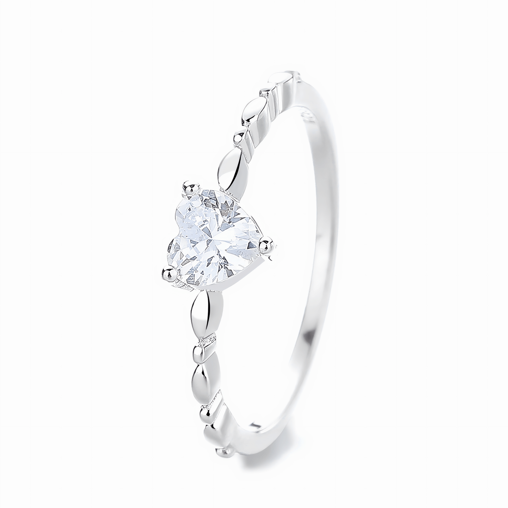 Pure Heart – Sterling Silver Ring with Heart - Shaped CZ and Polished Bead Band - NAFALUXE