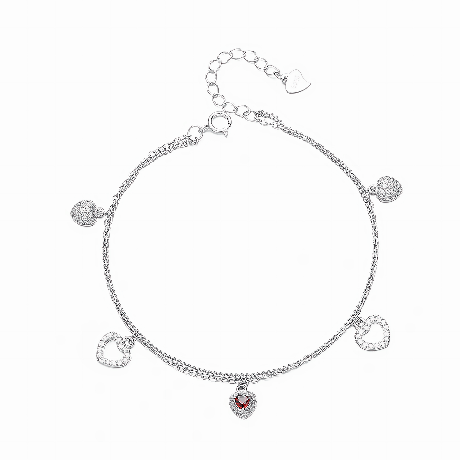 Red Heart Halo Charm Bracelet Sterling Silver 925 - NAFALUXE