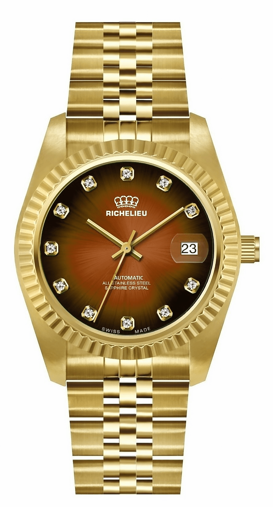 Richelieu Automatic Brown Sunray Dial Gold Watch 31mm – Swiss Made - NAFALUXE