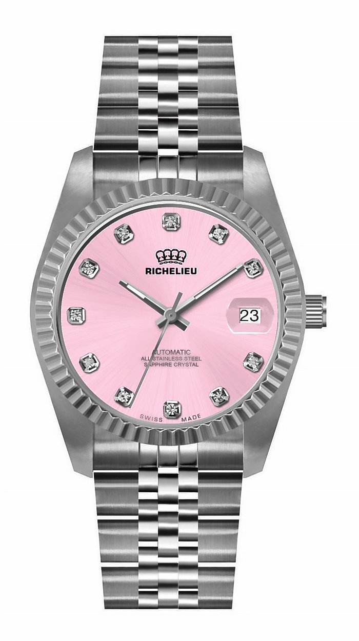 Richelieu Automatic Pink Dial Diamond Watch 31mm – Swiss Made - NAFALUXE