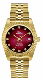 Richelieu Automatic Red Sunray Dial Gold Watch 31mm – Swiss Made - NAFALUXE