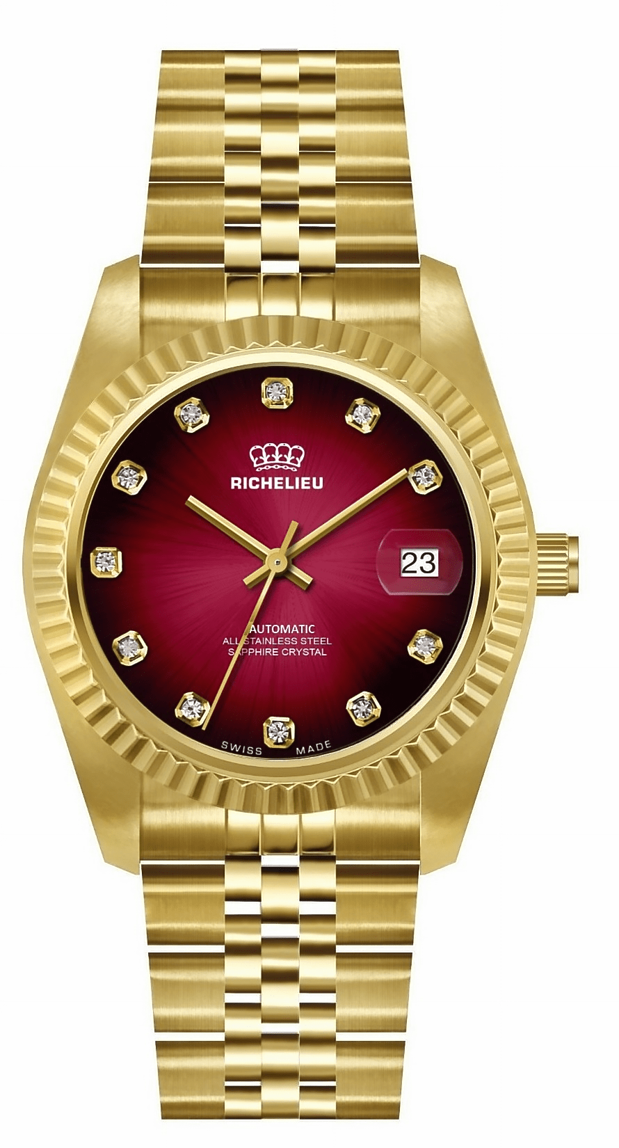 Richelieu Automatic Red Sunray Dial Gold Watch 31mm – Swiss Made - NAFALUXE
