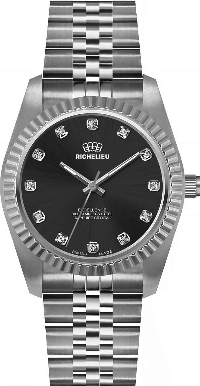 Richelieu Excellence Women’s Watch 22mm – Black Dial Crystal Markers Silver Tone | Swiss Made - NAFALUXE