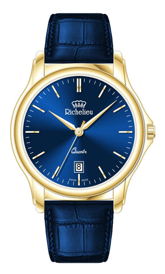 Richelieu Gents Quartz Watch 42mm Blue Dial Gold Tone Leather Strap – Swiss Made - NAFALUXE