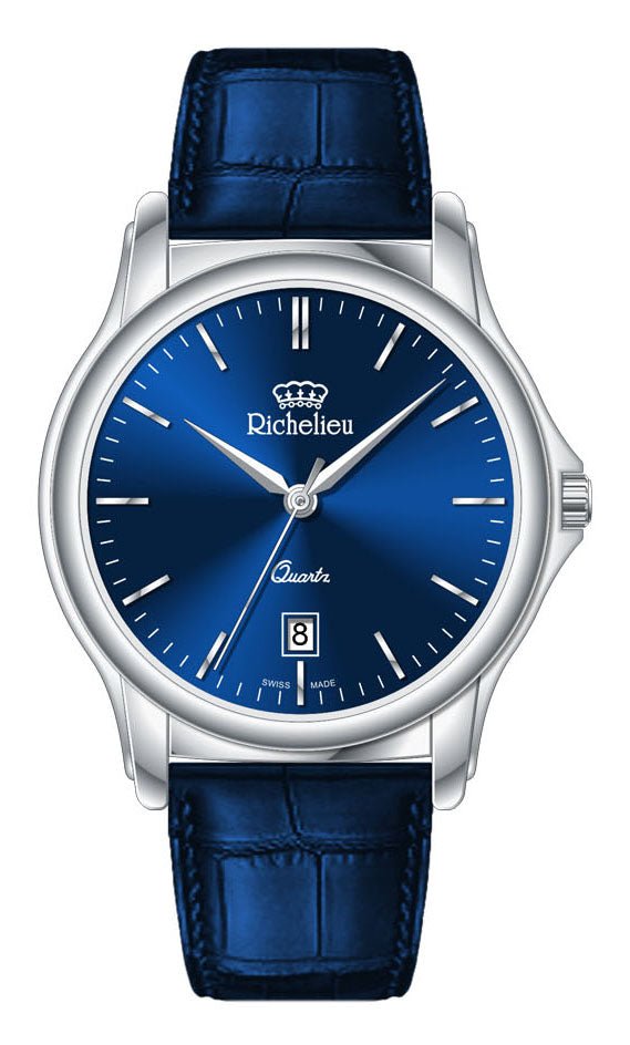 Richelieu Gents Quartz Watch 42mm Blue Dial Leather Strap – Swiss Made - NAFALUXE