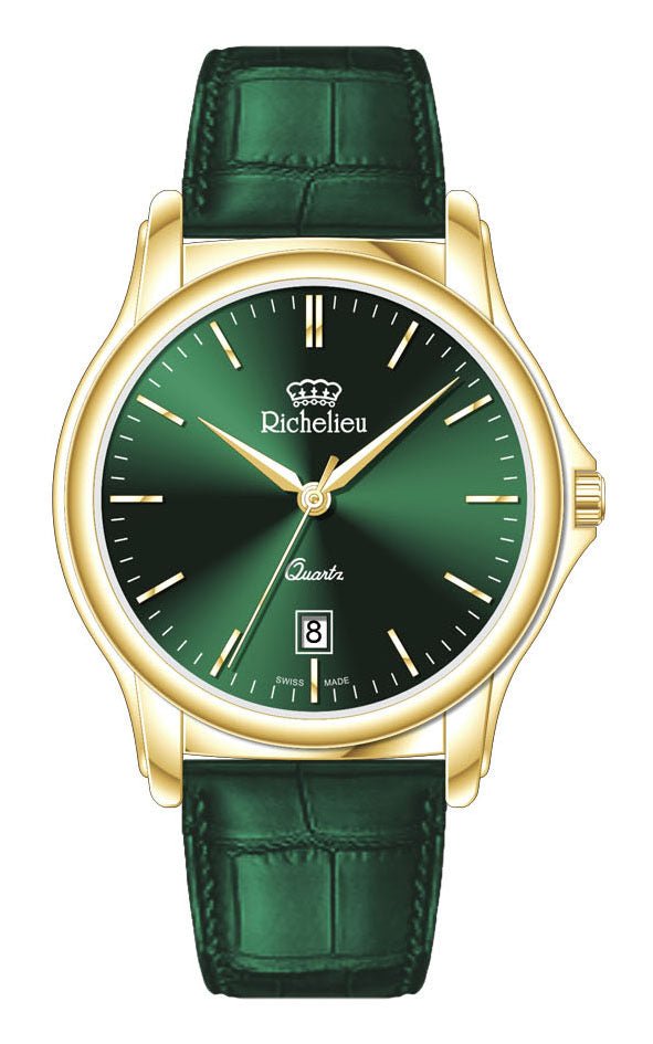 Richelieu Gents Quartz Watch 42mm Green Dial Gold Tone Leather Strap – Swiss Made - NAFALUXE