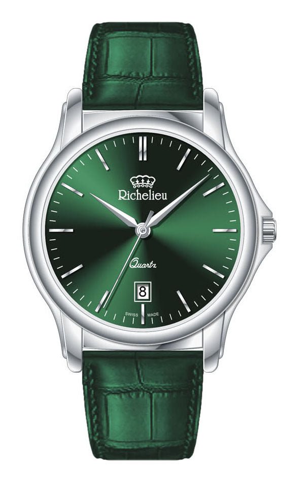 Richelieu Gents Quartz Watch 42mm Green Dial Leather Strap – Swiss Made - NAFALUXE