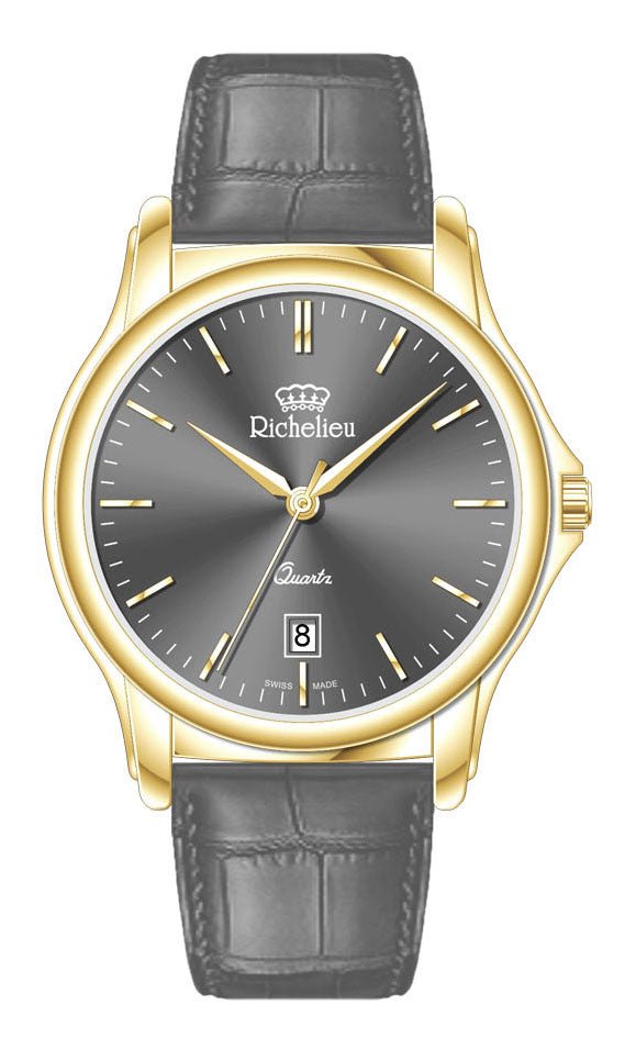 Richelieu Gents Quartz Watch 42mm Grey Dial Gold Tone Leather Strap – Swiss Made - NAFALUXE