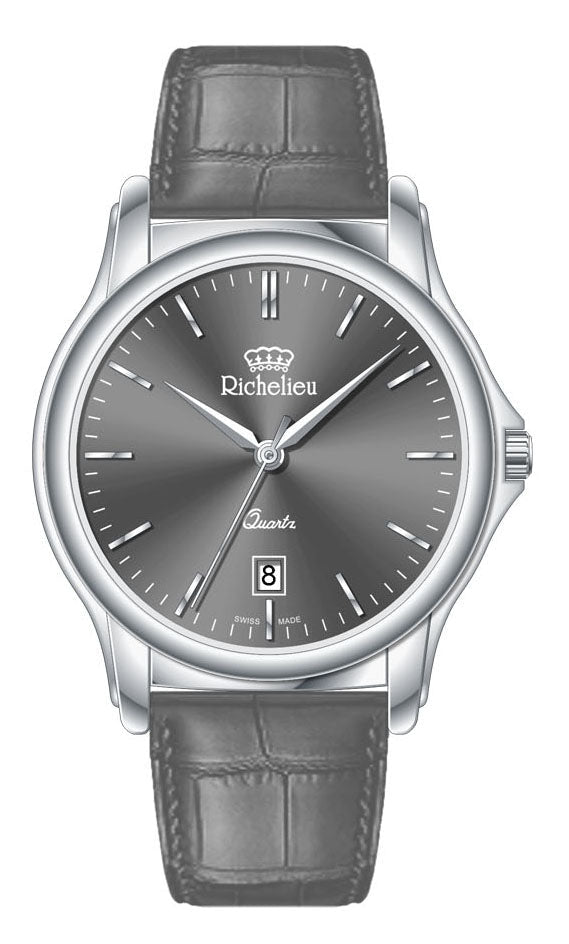 Richelieu Gents Quartz Watch 42mm Grey Dial Leather Strap – Swiss Made - NAFALUXE