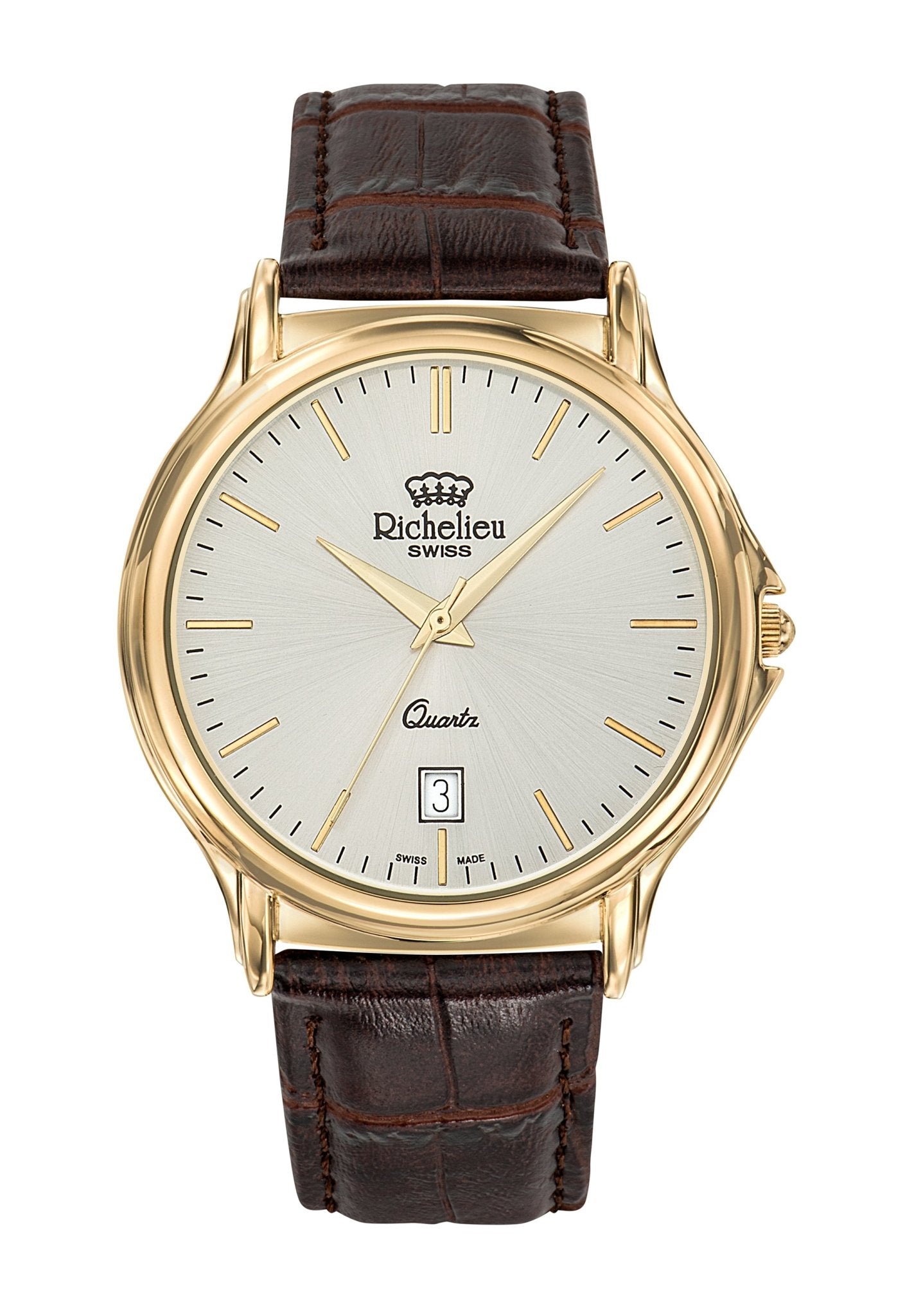 Richelieu Gents Quartz Watch 42mm Silver Dial Gold Tone Leather Strap – Swiss Made - NAFALUXE