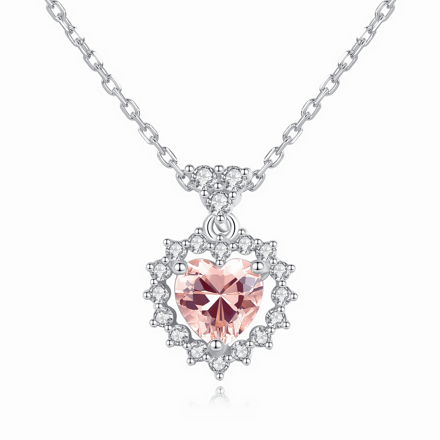 Romantic Heart - Cut Pink CZ Halo Pendant Necklace in Sterling Silver - NAFALUXE