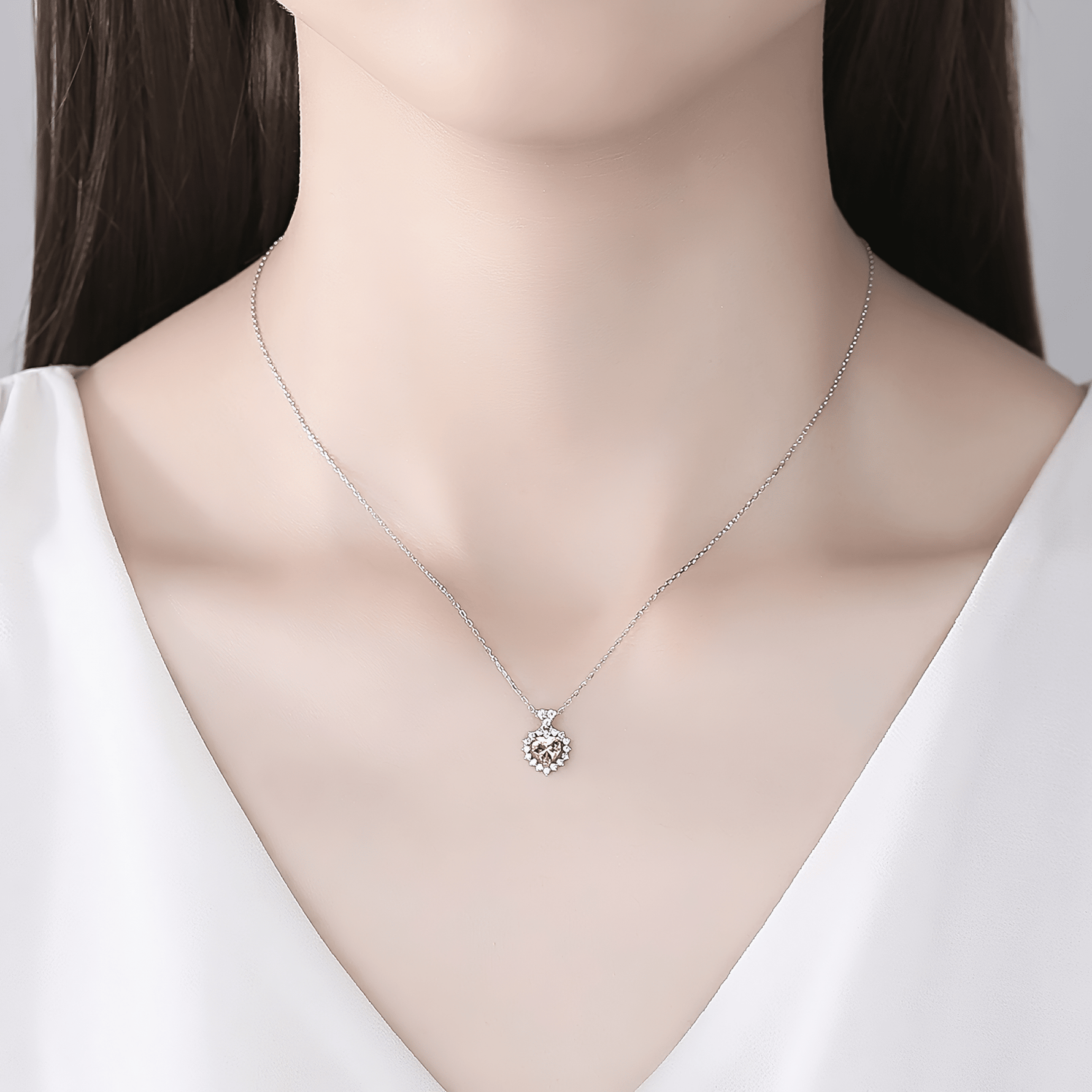 Romantic Heart - Cut Pink CZ Halo Pendant Necklace in Sterling Silver - NAFALUXE