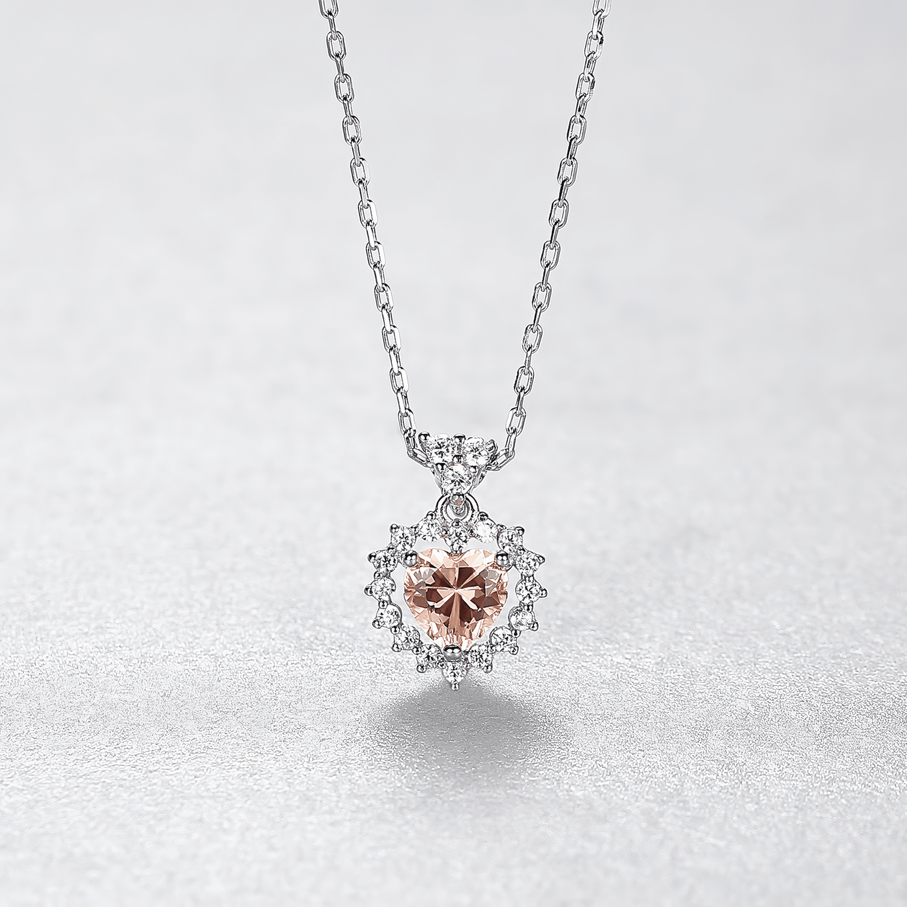 Romantic Heart - Cut Pink CZ Halo Pendant Necklace in Sterling Silver - NAFALUXE