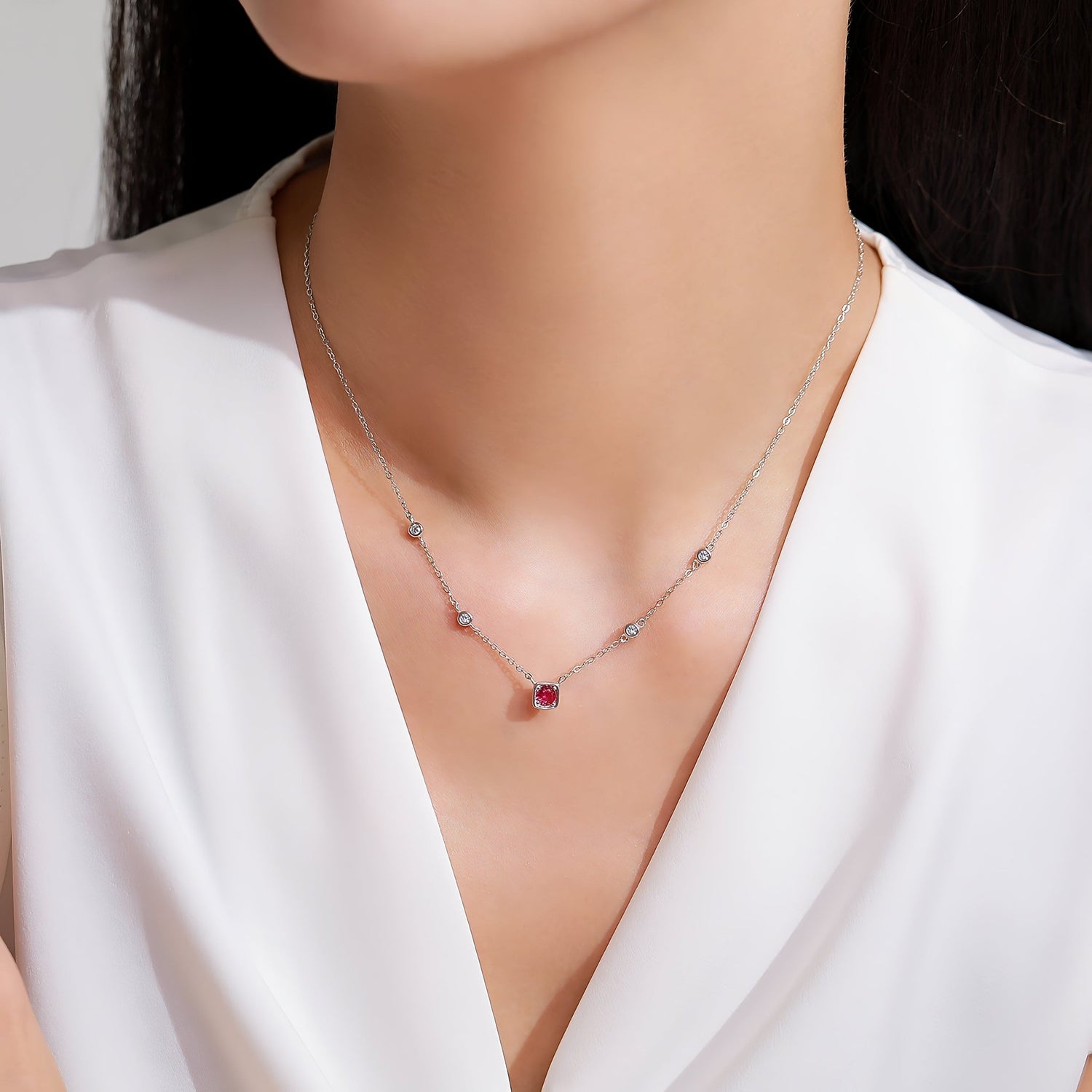 Ruby CZ Solitaire Necklace – 925 Sterling Silver - NAFALUXE