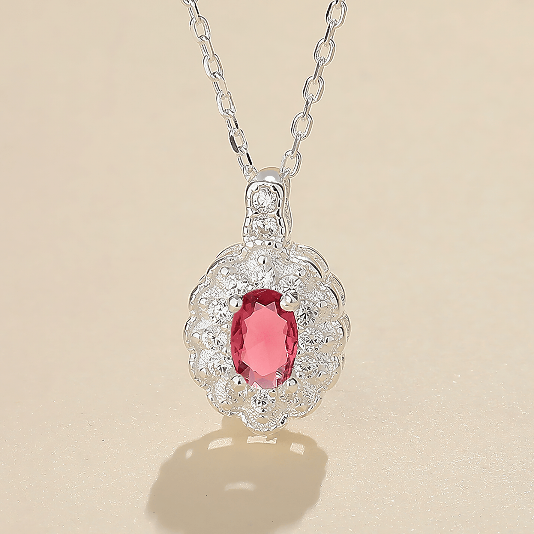 Ruby Oval Halo Necklace – 925 Silver - NAFALUXE