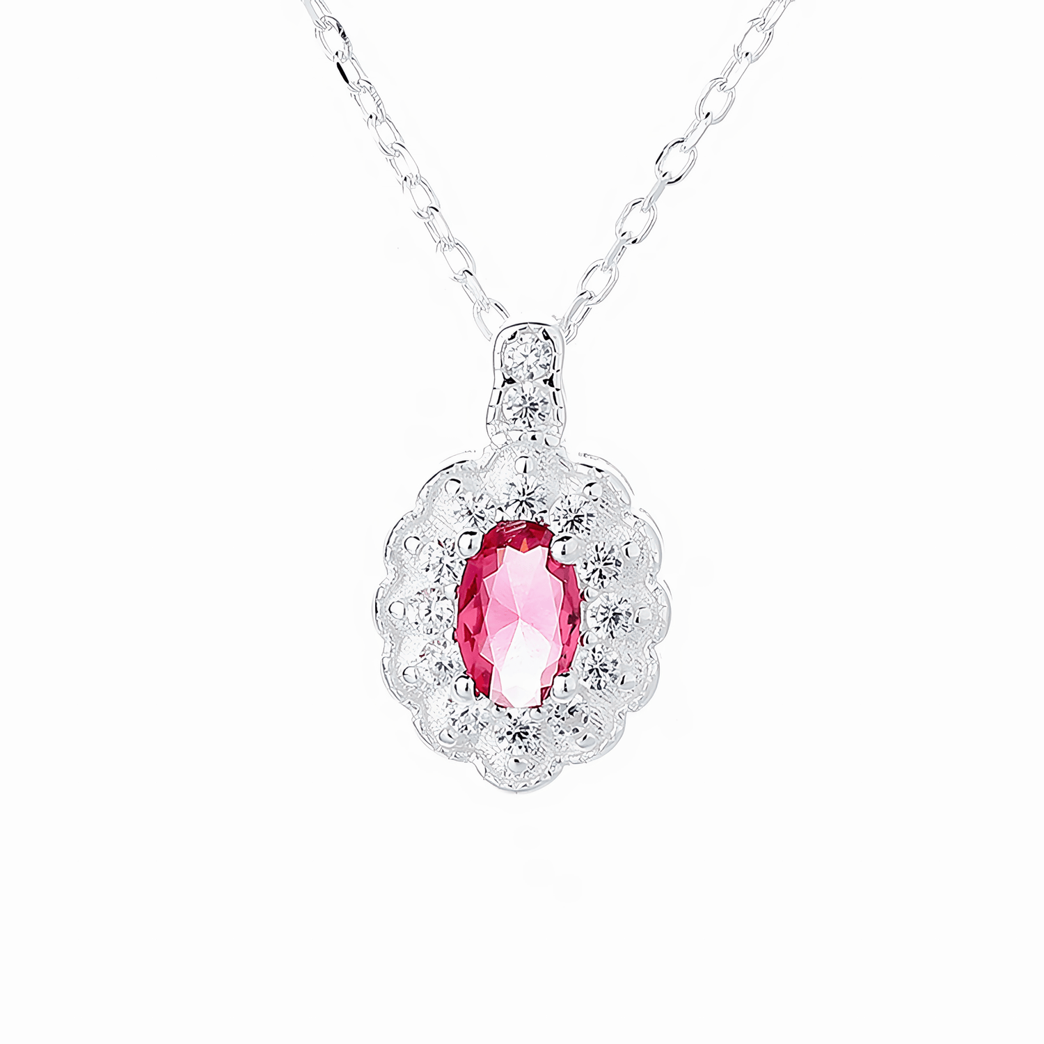 Ruby Oval Halo Necklace – 925 Silver - NAFALUXE