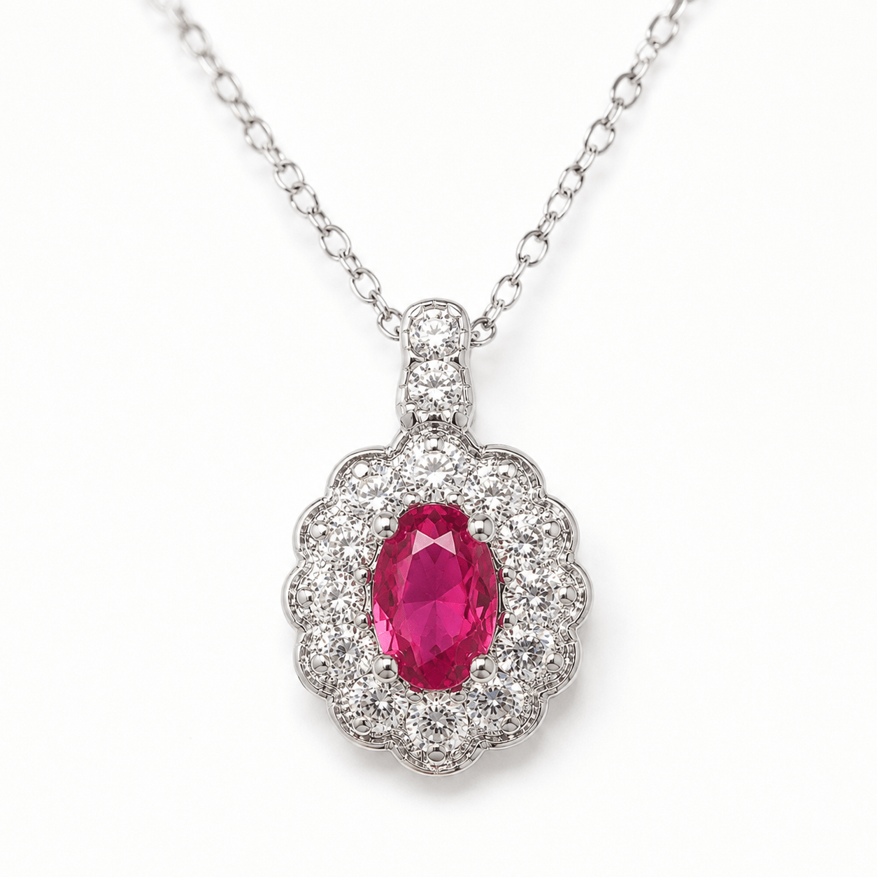 Ruby Oval Halo Necklace – 925 Silver - NAFALUXE