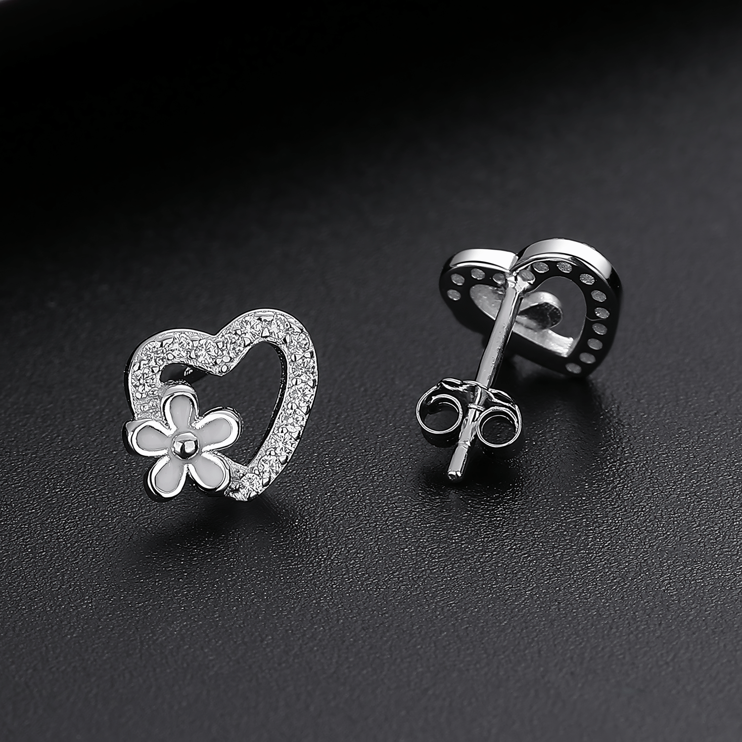 Silver Heart Flower Studs - NAFALUXE