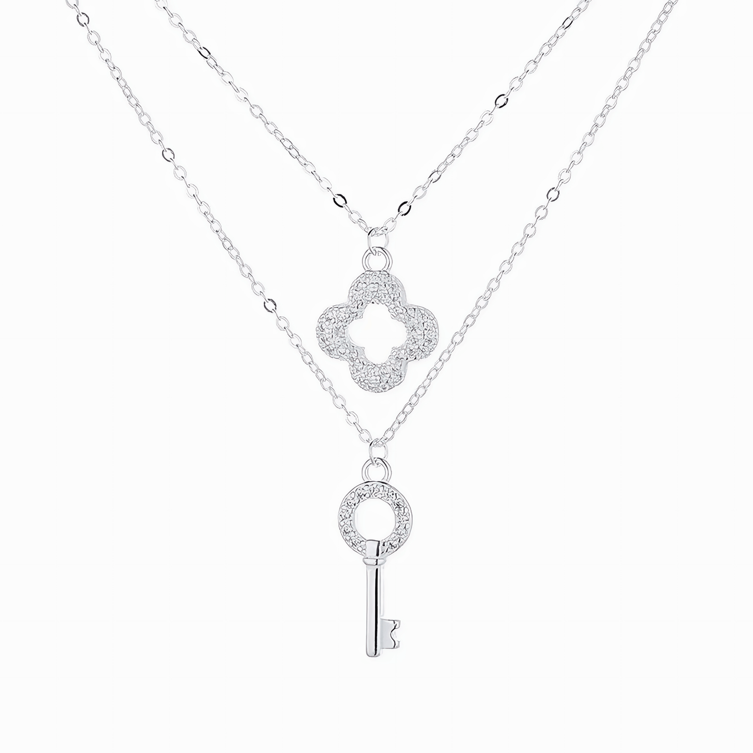 Sparkling Key & Clover Layered Necklace - NAFALUXE