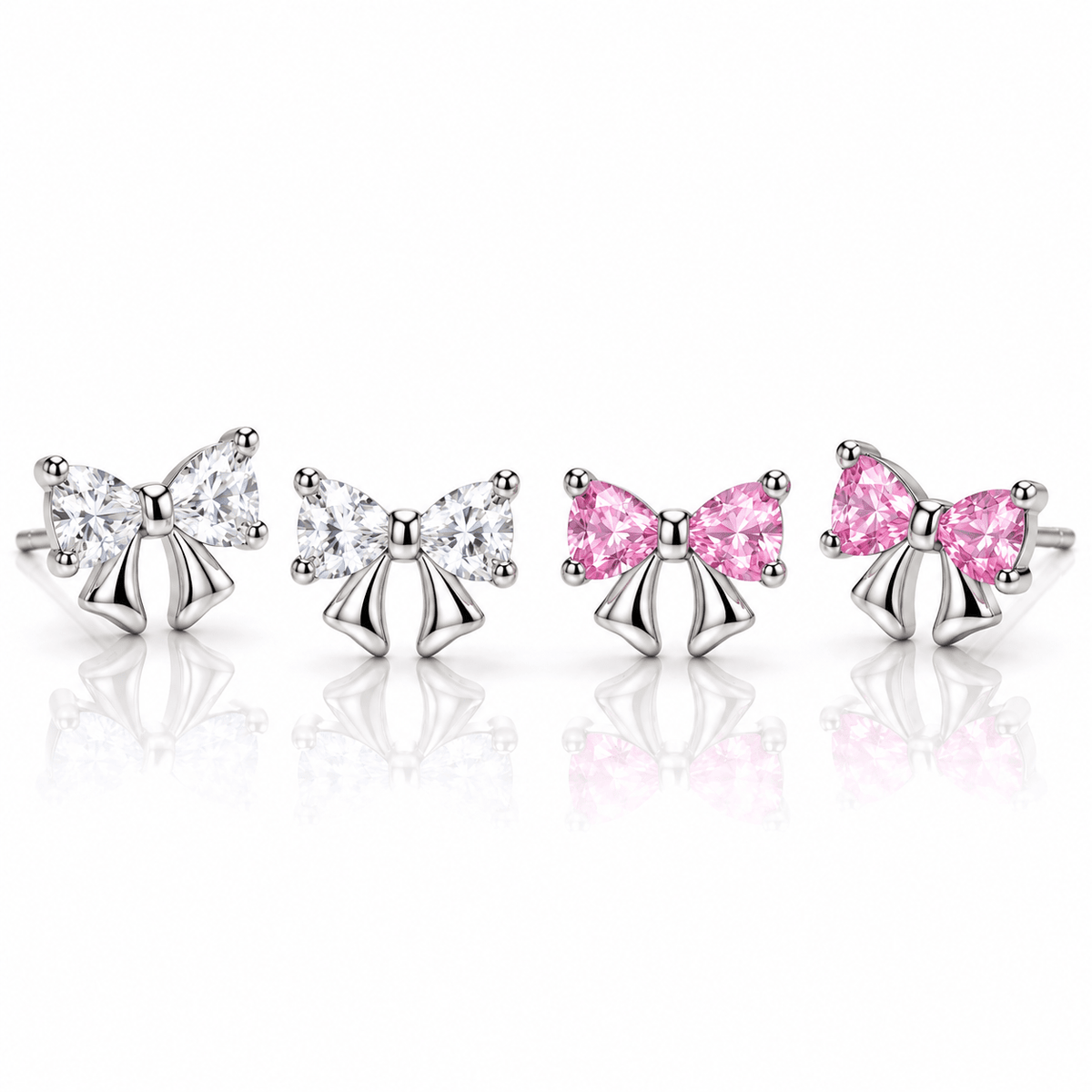 Sterling Silver 925 Bow Stud Earrings with Heart-Cut Zirconia – Elegant and Playfu - NAFALUXE