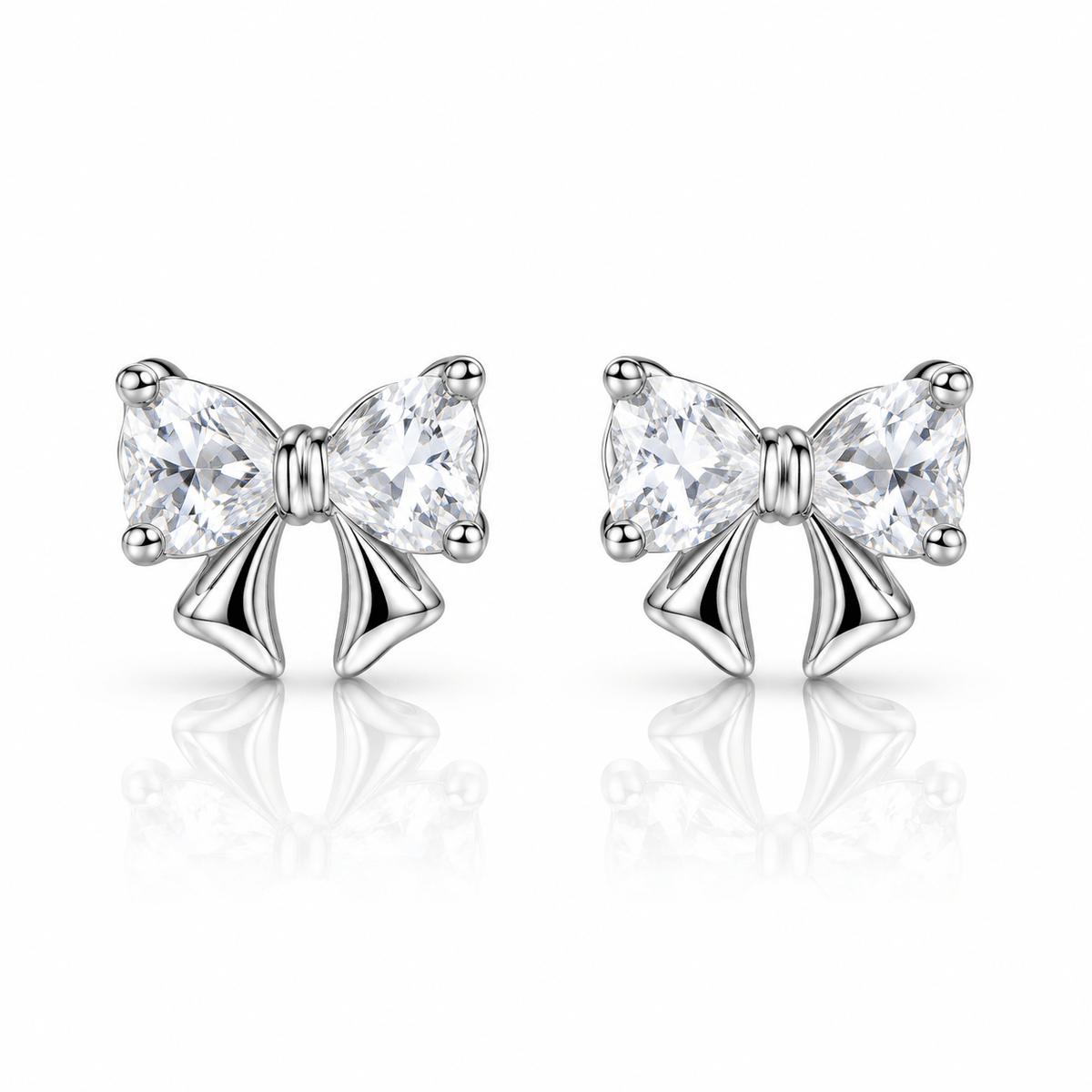 Sterling Silver 925 Bow Stud Earrings with Heart-Cut Zirconia – Elegant and Playfu - NAFALUXE