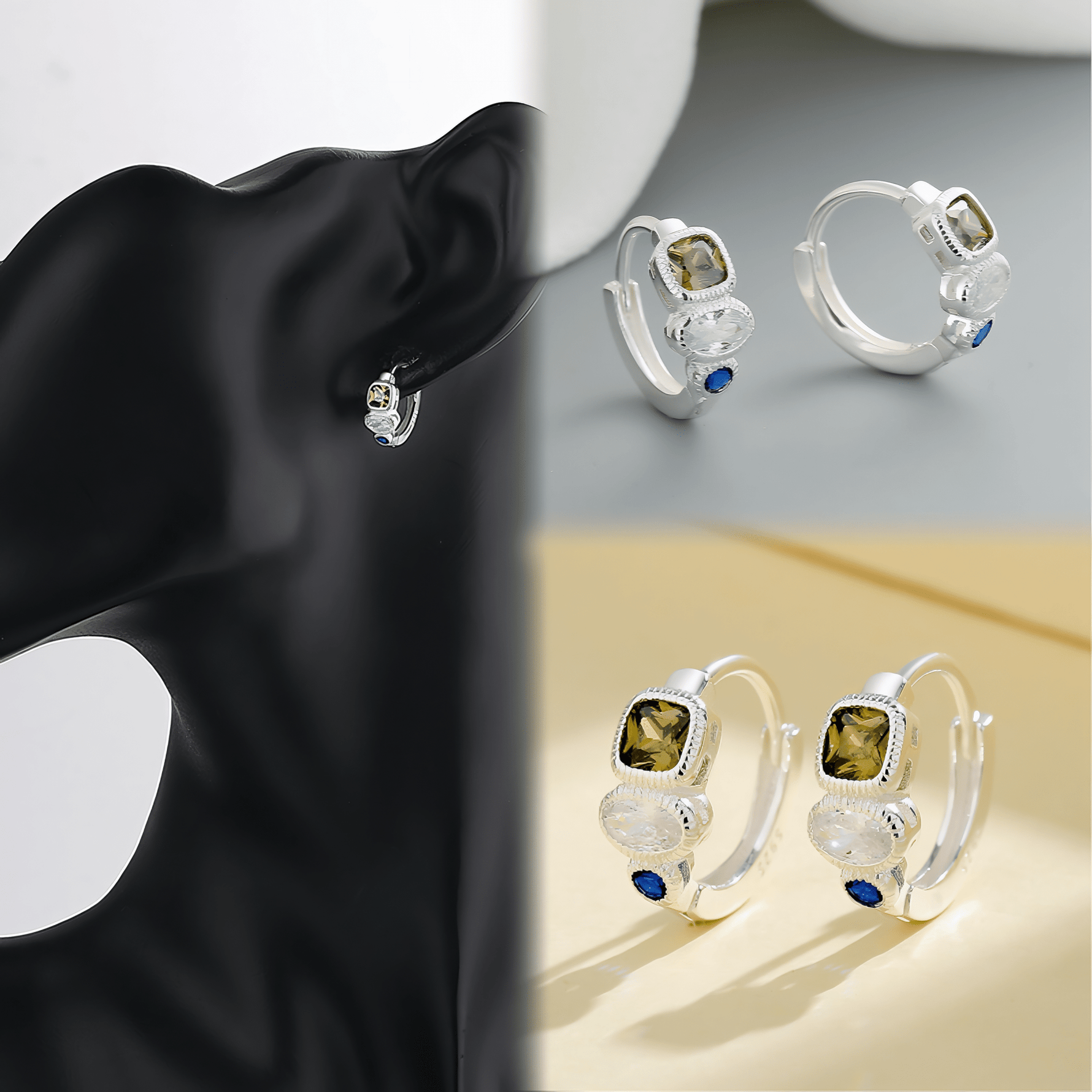 Sterling Silver 925 Hoop Earrings – Trio Color AAA Cubic Zirconia - NAFALUXE