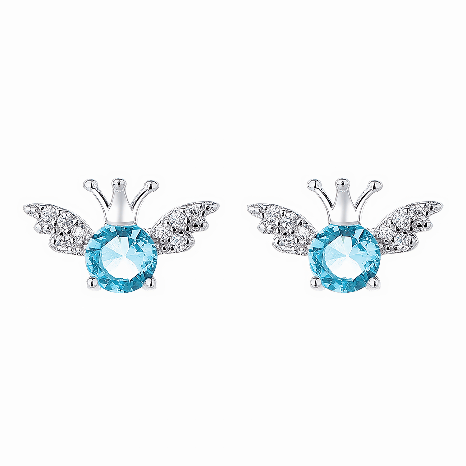 Sterling Silver Angel Crown Blue CZ Stud Earrings - NAFALUXE