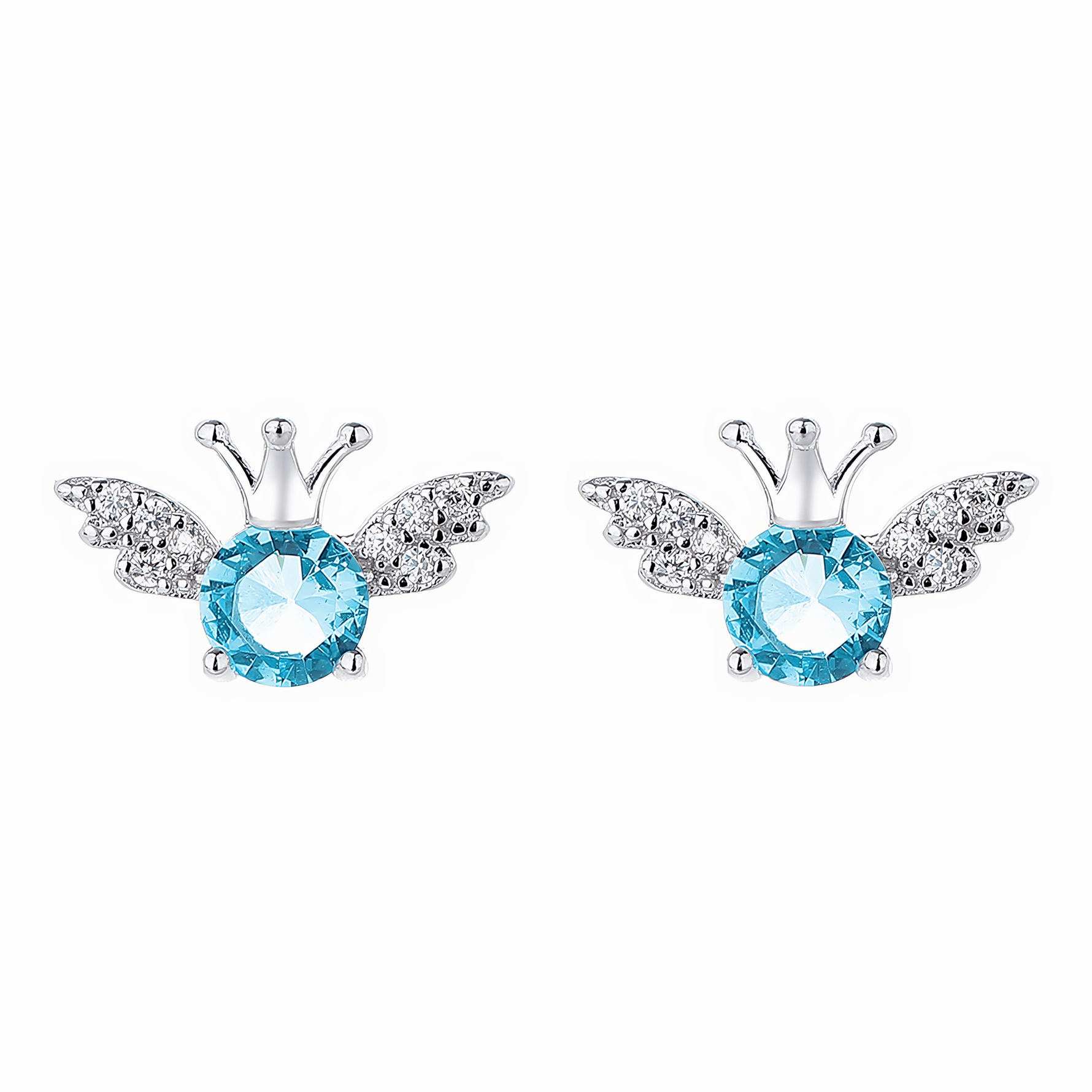Sterling Silver Angel Crown Blue CZ Stud Earrings - NAFALUXE