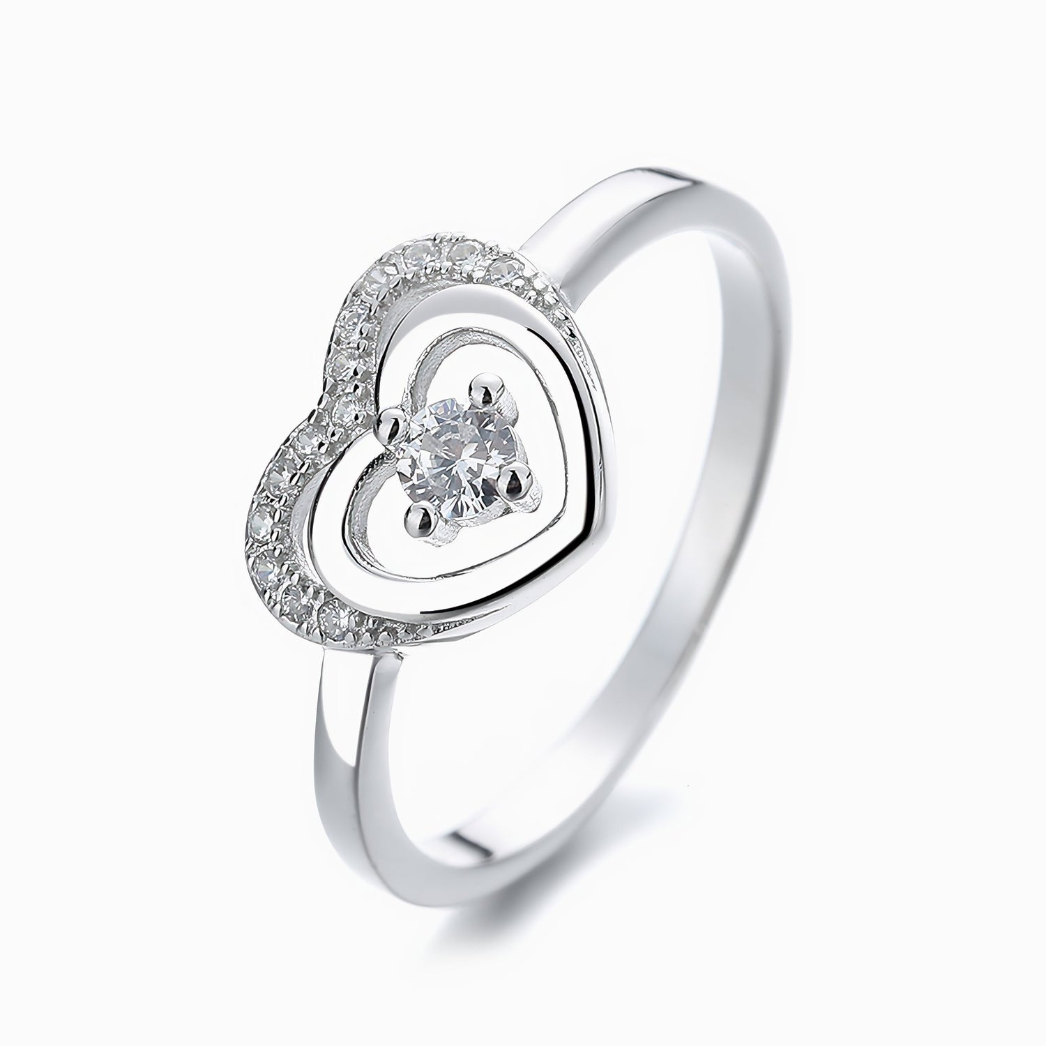 Sterling Silver Double Heart Ring with CZ Stone - NAFALUXE