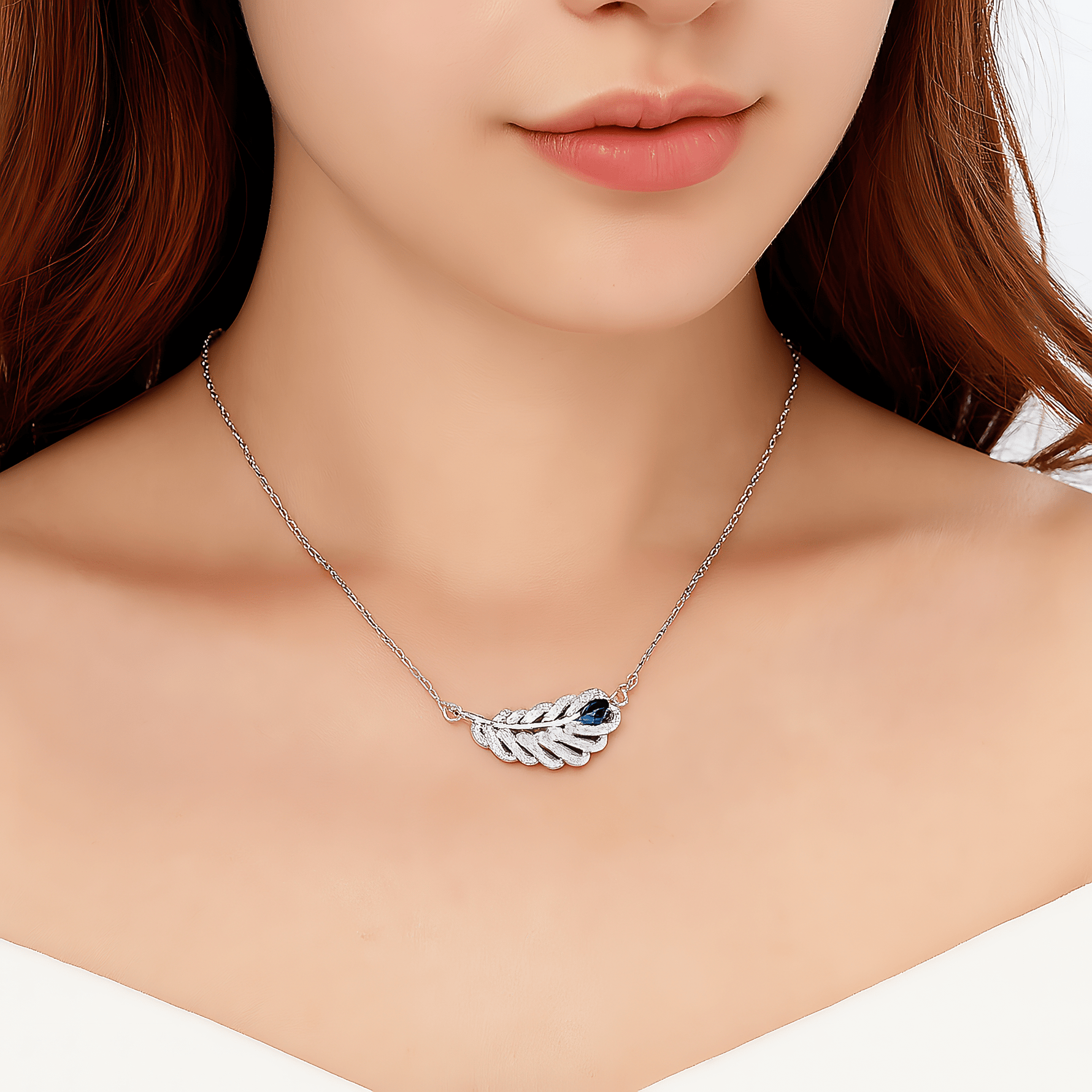Sterling Silver Feather Necklace with Blue Gemstone - NAFALUXE