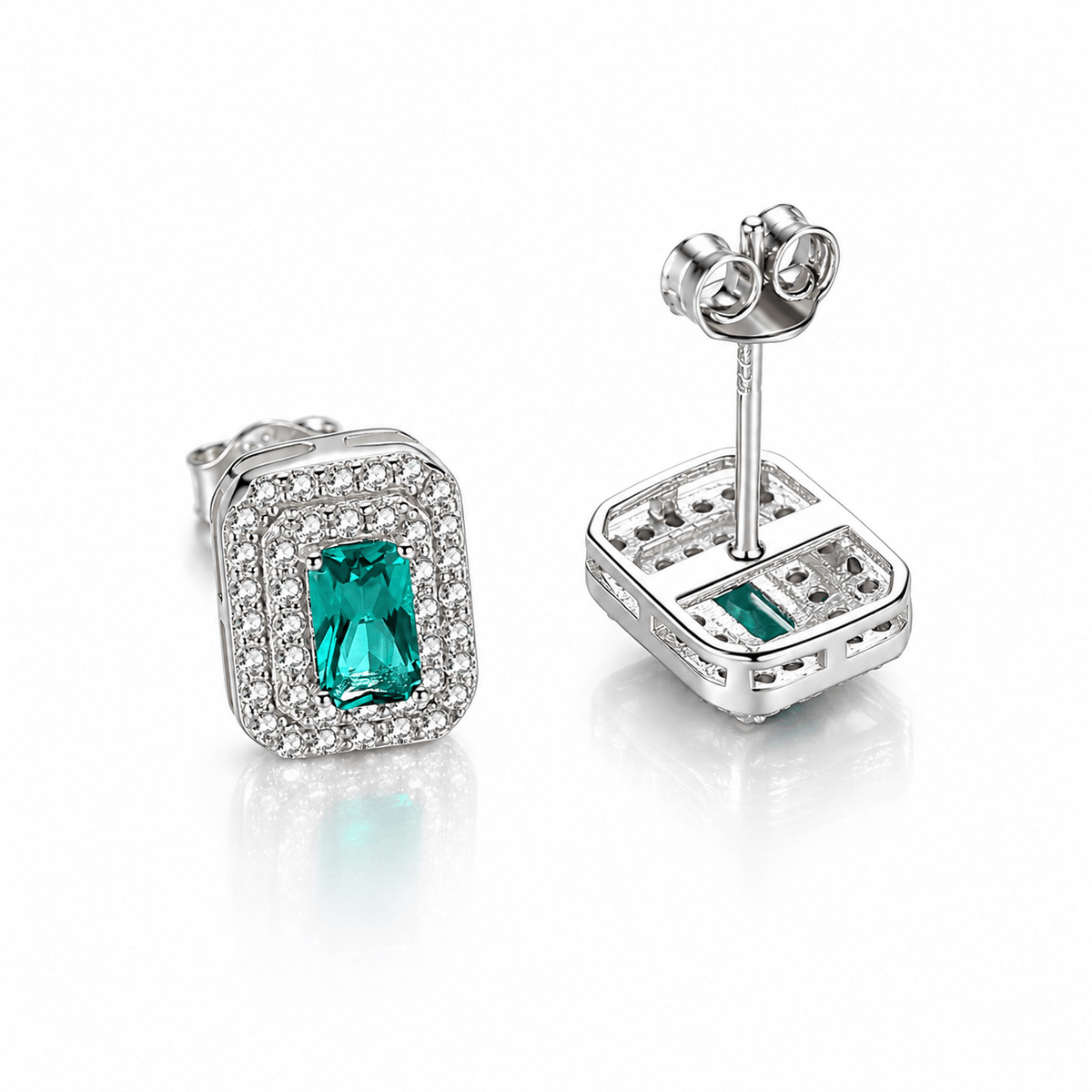 Sterling Silver Green CZ Halo Stud Earrings - NAFALUXE