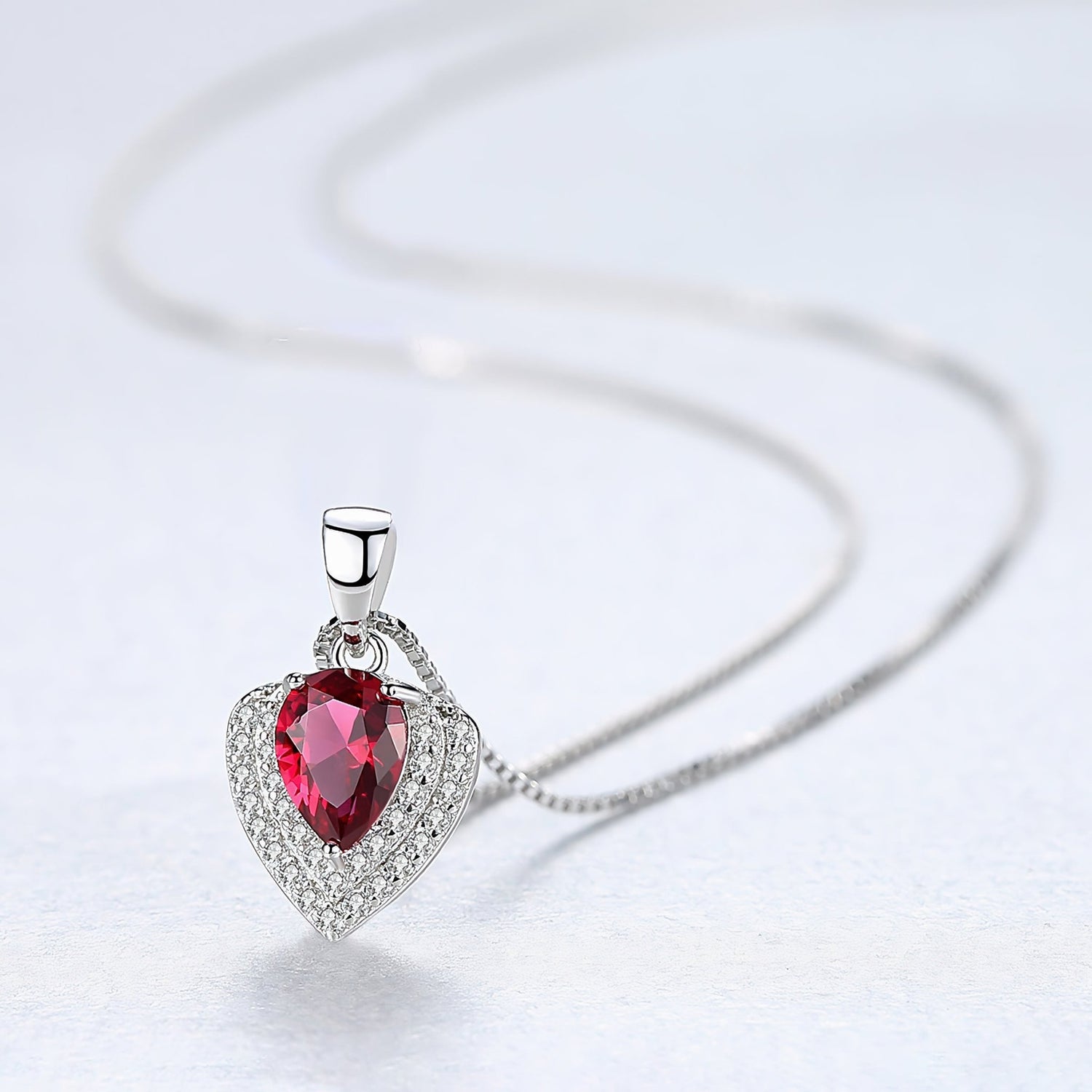 Sterling Silver Heart Red CZ Necklace – Halo Pendant, Rhodium Plated - NAFALUXE