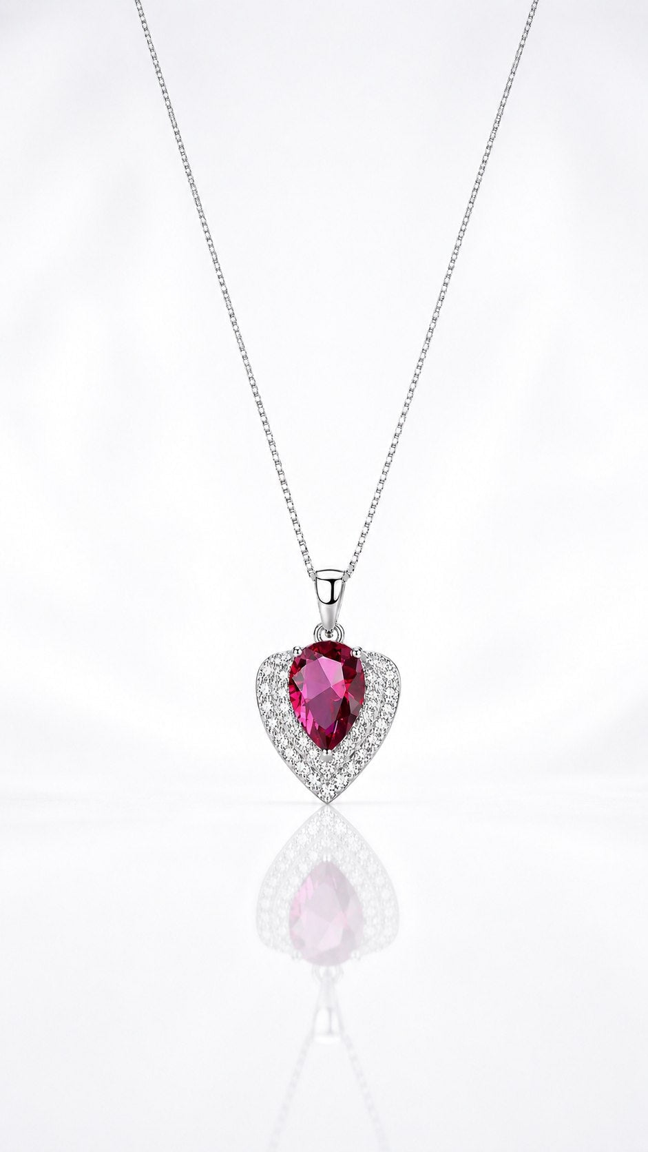 Sterling Silver Heart Red CZ Necklace – Halo Pendant, Rhodium Plated - NAFALUXE