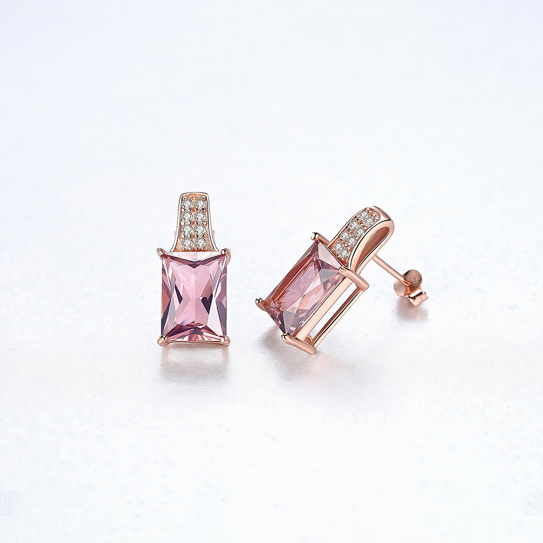 Sterling Silver Rose Gold Pink CZ Stud Earrings - NAFALUXE