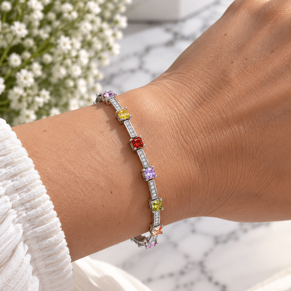 Vibrant Square Gemstone Bar Bracelet Sterling Silver 925 - NAFALUXE