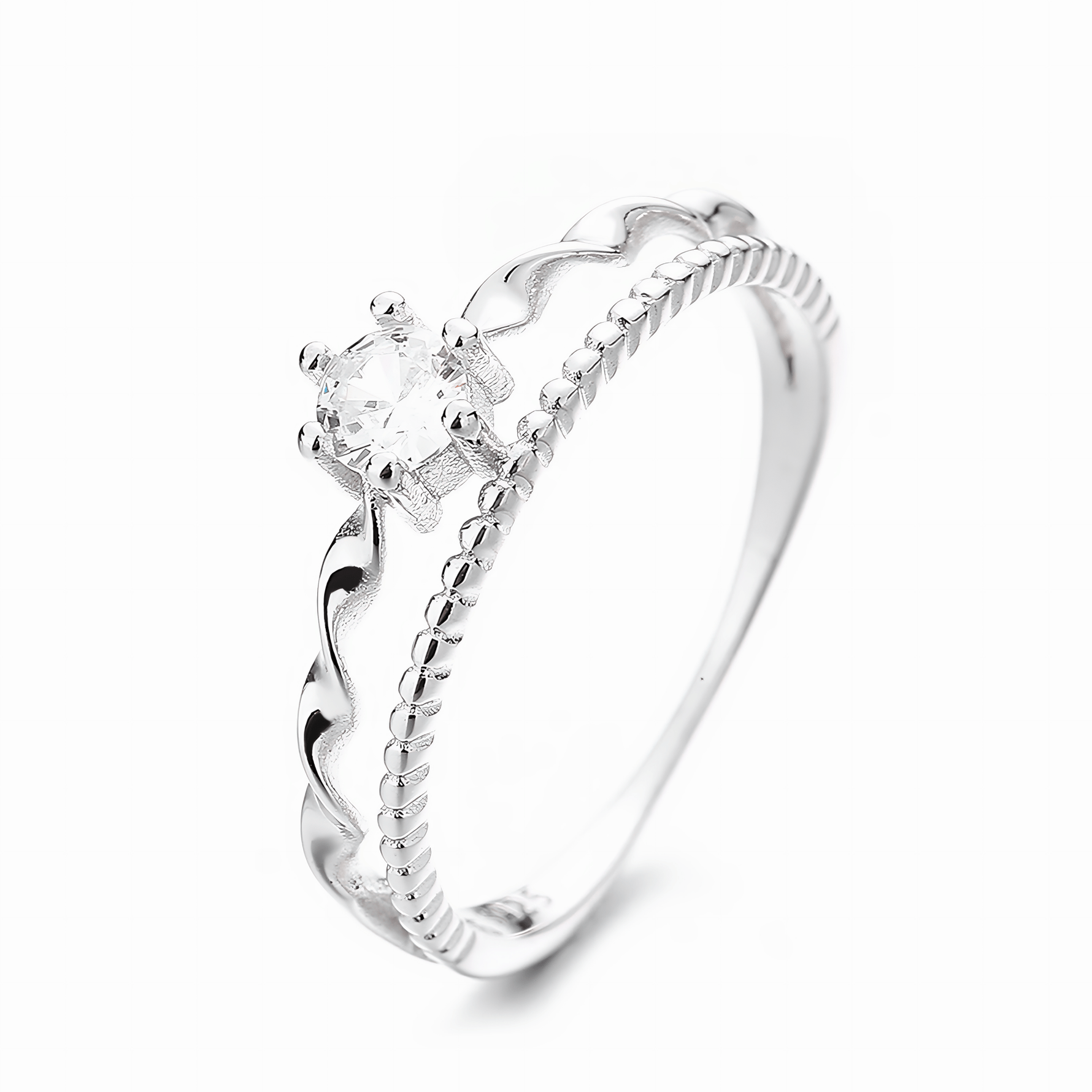 Waves of Love – Sterling Silver Dual Band Ring with Solitaire CZ & Twisted Design - NAFALUXE