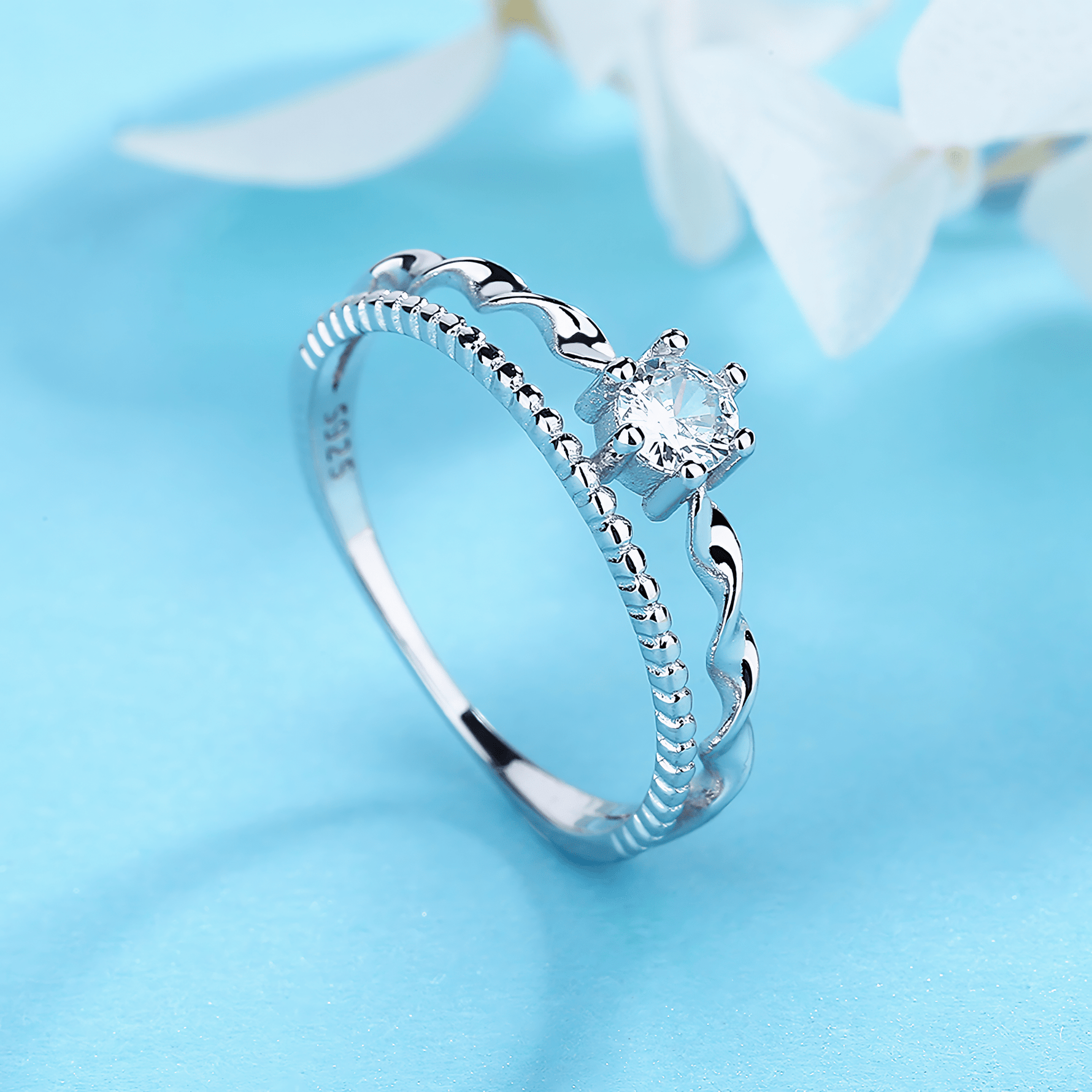 Waves of Love – Sterling Silver Dual Band Ring with Solitaire CZ & Twisted Design - NAFALUXE
