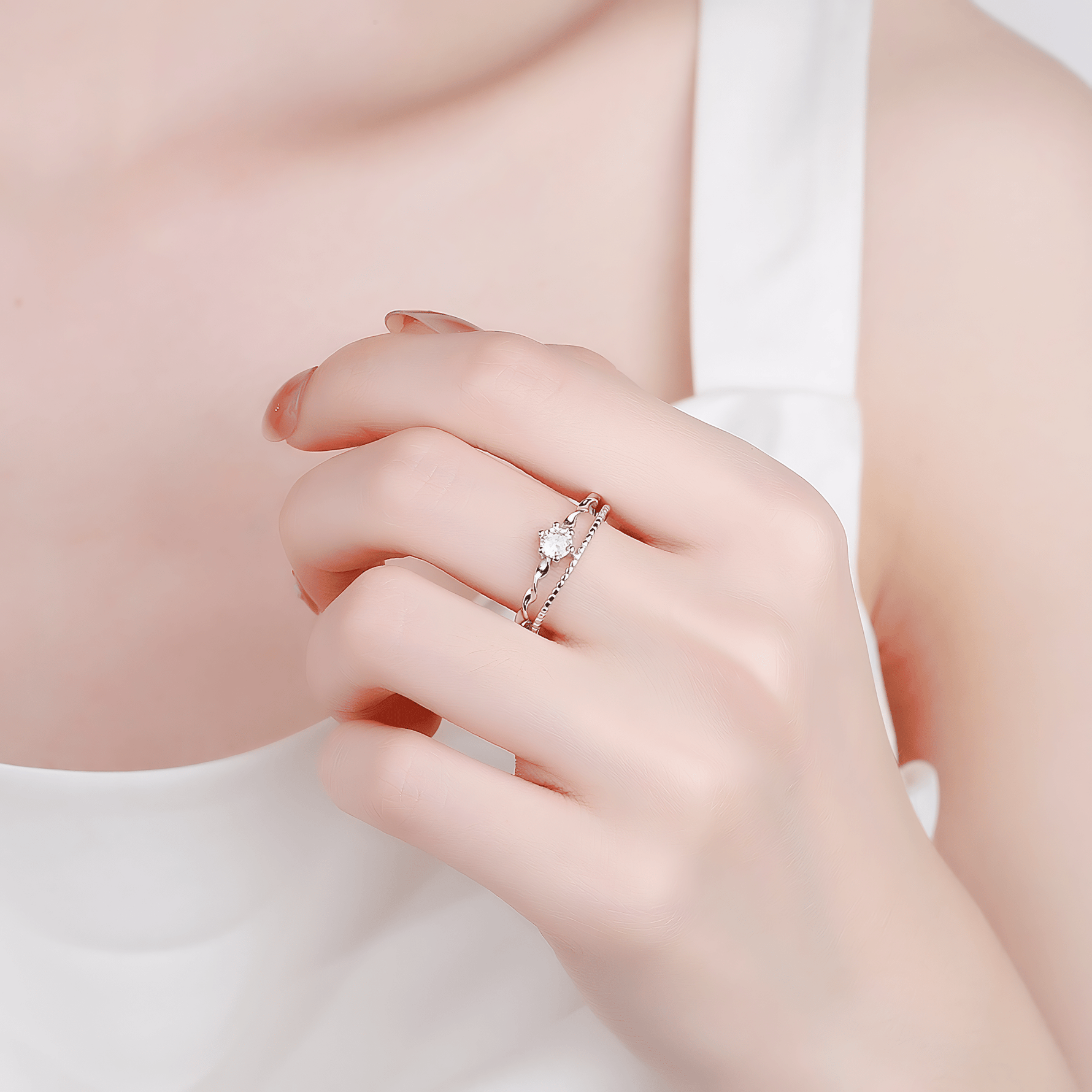 Waves of Love – Sterling Silver Dual Band Ring with Solitaire CZ & Twisted Design - NAFALUXE
